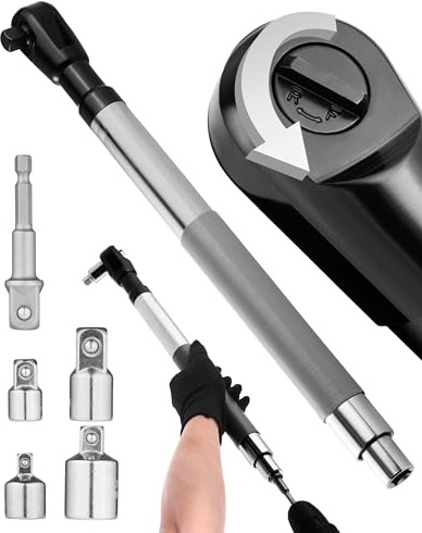 FAITIO Offset Extension Wrench for Drill, 1/2 Ratchet Extender Wrench for Tight Spaces​​, Twisting Adjustable Spanner with 3/8, 1/4 Square Adapters, 50-74FT Torque​ Impact Wrench