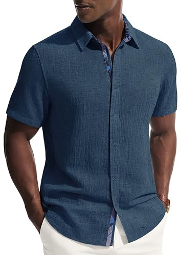 PJ PAUL JONES Men's Short Sleeve Button Down Shirt Casual Linen Summer Beach Wedding Dress Shirt Navy