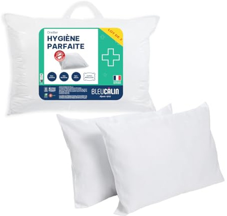 Bleu Câlin Lot de 2 Oreillers Rectangulaires Anti-Acariens, Anti bactériens, Confort moelleux, 45x70 cm, Enveloppe 100% coton, gamme Hygiène Parfaite, Blanc
