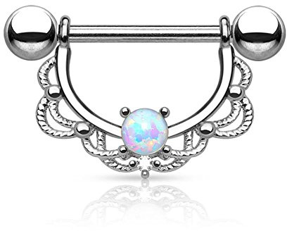 Paula & Fritz® Brustwarzen-Piercing Brustpiercing Frau Maenner Intimpiercing Mann Nippelpiercing Edelstahl Chirurgenstahl 316L Filigraner Bogen Opal Silber, Gelbgold, Roségold