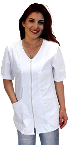 Blouse de Travail pour Femme avec Fermeture Éclair, Style Simple, Manches Courtes, Col en V, pour Esthéticienne, Coiffeuse, Institutrice de Maternelle, Personnel de Restauration, Blanc, Large