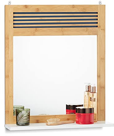 Relaxdays Espejo de baño con Estante, Decorativo, Bambú, 61 x 53 x 15 cm, 1 Ud., Marrón & Blanco