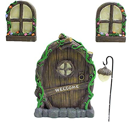 ATopoler Fairy Door and Windows for Trees Garden Decorations with 2Pcs Windows Glow in The Dark Miniature Fairy Gnome Home Window and Door Yard Art Garden Sculpture Lawn Ornament