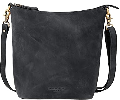 HOLZRICHTER Berlin - Umhängetasche aus Leder für Damen (No 2-3), Schultertasche 30x22x12cm, Echtleder Crossbody Bag, Handtasche für Alltag & Büro in Schwarz & Braun