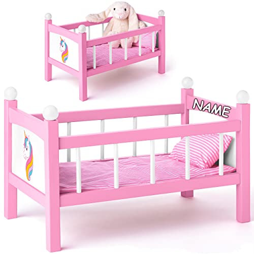 alles-meine.de GmbH großes Holz - Puppenbett - 50 cm groß - mit Bettzeug - aus Naturholz - inkl. Name - für Puppen groß - Bett - Matratze Decke & Kopfkissen - Kinderbett Baby - P..