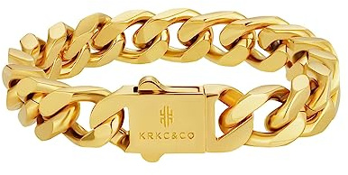 KRKC&CO 12mm Cuban Armband für Herren, 18K Gold Beschichtet Panzerkette, Kubanische Gliederarmband, Edelstahl Hip Hop Schmuck für Jungen, 19cm
