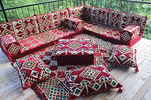 Maroon Corner Floor Couch, Innenarchitektur, Gartenmöbel, Bodenkissen, orientalisches Design, Bodenkissen, arabische Majlis (L Sofa Komplettset)