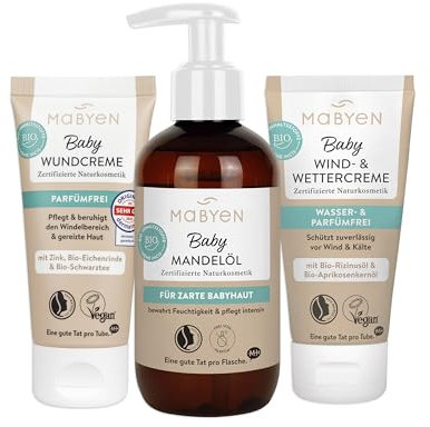 MABYEN Babypflege Rundum Sorglos Set | Naturkosmetik - 3 Produkte - Bio - Baby Ausstattung - Geschenkset - mit 1x Mandelöl, 1x Wundcreme & 1x Wind- & Wettercreme