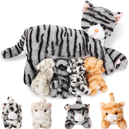 Skylety Nurturing Cat Stuffed Animal with 4 Plush Kittens, Cats Baby Stuffed for Girls Boys Plushy Mommy Kitty with Baby Kittens for Birthday Party Favors Gifts(Cuddly Style)