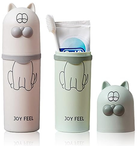 SacJkt Zahnputzbecher Kinder, 2 pcs Zahnbürsten Etui Karikatur Katze Tier Zahnputzbecher Set Zahnbürstenhalter Reise Personalisiert für Junge Mädchen Reisen Camping Schule Zuhause (Weiß, Grün)