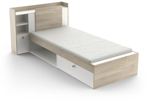 Demeyere Letto Componibile 90 x 190/200 con Contenitore 1 Anta 3 Nicchie 1 Cassetto, Bianco Opaco e Rovere Chiaro, 124.5 x 226.9 x 90.5 cm
