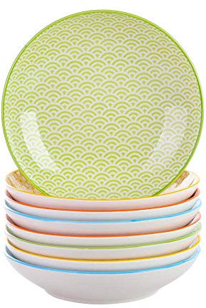 Plato llano de cerámica Juego de vajilla 4/8/12 piezas Aspecto vintage Juego de platos hondos de cerámica de stroneware natural Juego de platos hondos para ensalada de frutas y aperitivos-K_12-Pi (L