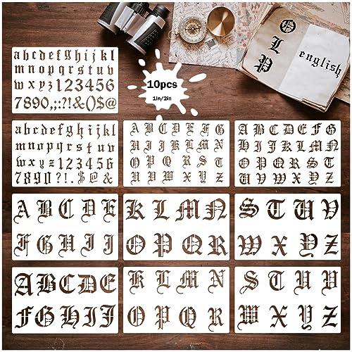 10 Stück Old English Schablone 1 und 2 Zoll Wiederverwendbare Gothic Buchstaben Schablonen Kunststoff Zahlen Schablonen Gothic Schriftschablonen für Notebook Journal Tagebuch Scrapbook Dekorationen
