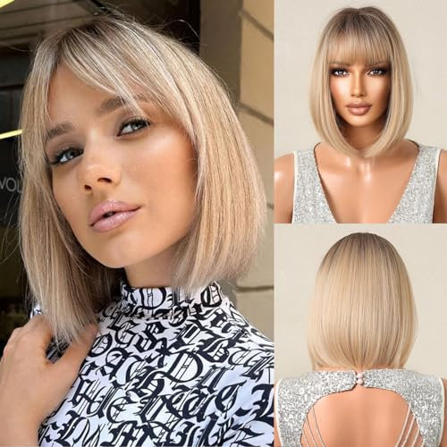 Allbell Blonde Perücken für Frauen kurze Bob Perücken mit Pony hitzebeständiges Kunsthaar