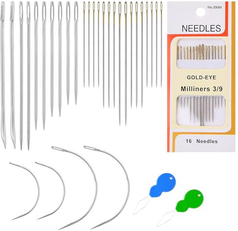 simarro Juego de agujas de coser a mano resistentes,14 agujas de coser multifunción para cuero con 16 agujas de coser a mano y 2 enhebradores de agujas para reparación de tapicería,cuero,alfombras,