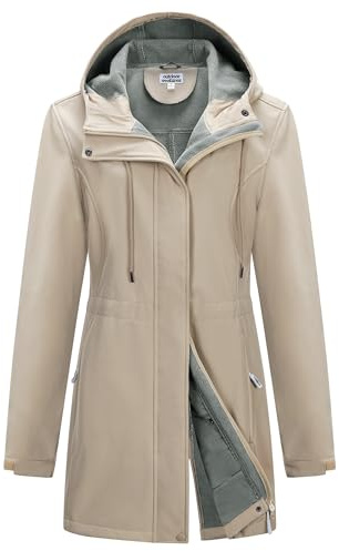 Outdoor Ventures Womens Waterproof Softshell Jacket Long Hooded Windbreaker | Fleece lined, Windproof, 2-Way Zipper, 4 Pockets, Adjustable Waist, Warm, Breathable, for Outdoor Hiking Walking