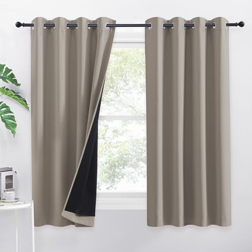 PONY DANCE Blickdichte Gardinen Wohnzimmer Kurz Ösenschal 2er Set H 145 x B 140 cm Doppellagige Verdunklungsvorhänge Schwerer Vorhang Hitzeschutz Thermovorhang mit Ösen, Sandfarben | H 145 x B 140 cm, Sandfarben, Blickdicht, Hitzeschutz, Dick, Schwer, mit Ösen, für Schlafzimmer, Wohnzimmer, Büro, 2er Set