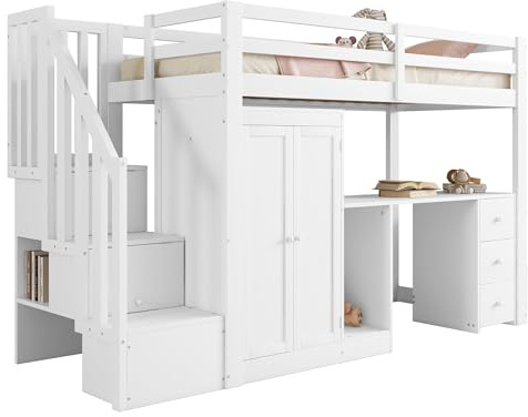 SOFTWEARY Hochbett, 90x200 cm, Kinderbett mit Lattenrost, Kleiderschrank, Schreibtisch und Rausfallschutz, Holzbett aus Kiefer, Einzelbett