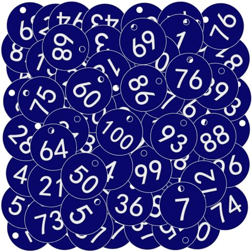 OFFCUP Plastic Number Tags, 100pcs Engraved Numbered Tags, ID Discs for Hotel Mailbox Gym School Office (1-100 Blue)