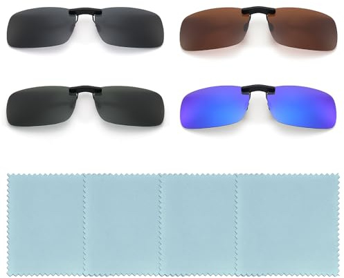 XMNIVATE 4-Piece Clip-On Sunglasses (Black, Green, Brown, Blue) - Polarized, Rimless, UV Protection - Suitable for Men & Women