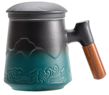 ZENS Tasse à Thé avec Infuseur et Couvercle (500 ML),Tasse en Céramique Gaufrée pour Thé en Feuilles avec Filtre Fin – Vert Foncé avec Poignée en Bois, Diffuseur pour Thé Chaud