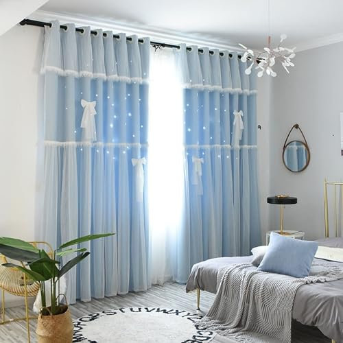 Bishilin Verdunklungsvorhänge Blau 2er Set 86x138CM, Gardinen Blickdicht Ösen Doppellagig mit Voile Sternen Motiv Polyester Vorhänge Wohnzimmer Jugendzimmer Kinderzimmer