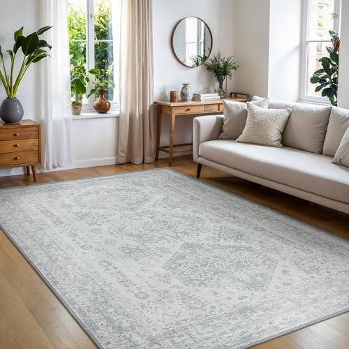 BEIMO Vintage Boho Schlafzimmer Wohnzimmer kurzflor Teppich, Waschbar RutschfestTeppich für Küche Flur Teppich Grau, 160x230cm