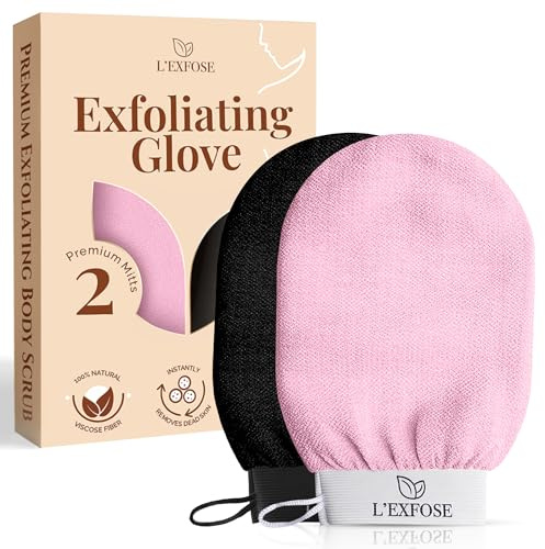 L'Exfose Kessa Hammam-Peeling-Handschuh für die Dusche – koreanischer Peeling-Handschuh, Körperschrubber, ideal für abgestorbene Haut, Keratose, Pilaris und Selbstbräuner, Rosa und Schwarz