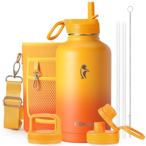Coolflask Water Bottle 2L Insulated with Straw & 3 Leakproof Lids | Stainless Steel Water bottles Large Triple-Wall, Cold 48+h/Hot 24+h Dishwasher Safe, BPA-Free, for Sports Gym & Hiking