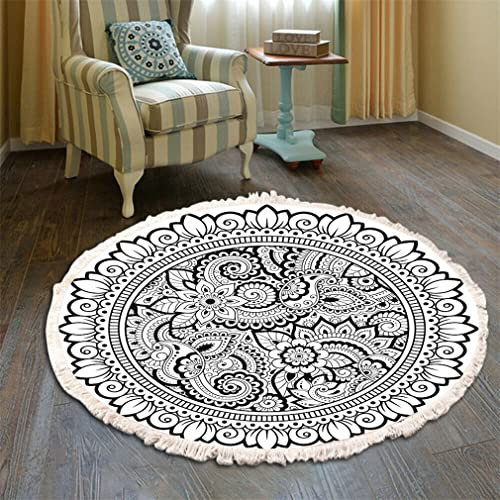 Teppich Baumwolle Rund Teppich mit Quaste, Vintage Mandala Teppich Webteppiche Waschbar Wohnzimmerteppich Weich Kurzflormatte und rutschfest (200cm Schwarz-Weiß)