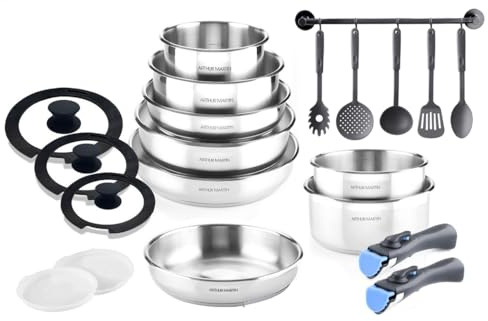 Arthur Martin, Batterie de Cuisine 20 pièces en Acier Inoxydable - Poêles 20-26 cm, Casseroles 14-20 cm, Sauteuse 24 cm, Couvercles en Verre et Silicone, Ustensiles en Nylon, Tous Feux Induction