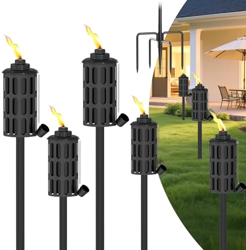 BABITEY 4 Pcs Citronella Torches for Outside,16oz Outdoor Metal Garden Torches,60 Garden Décor Torch with 5-Prong Grounded Stake,Flam Torch Light for Backyard Patio Pathway