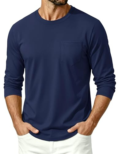 TACVASEN Maglietta Maniche Lunghe Uomo in Cotone con Tasca Maglia Casual Collo Rotondo Morbida e Confortevole