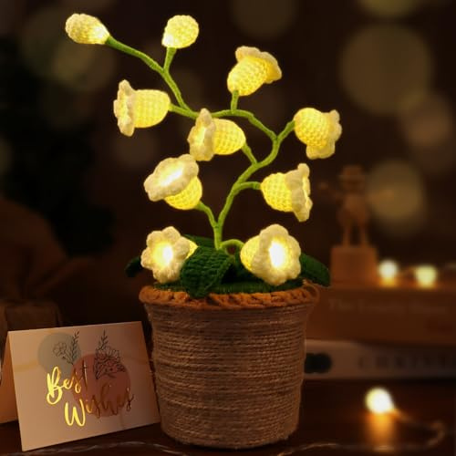 Lily of The Valley Lamp, Crochet Artificial Flowers with 10 Little Night Lights, Cordless Flower Bedside Lamps Small Table Lamp for Mothers Day,Birthday Gifts,Christmas,Valentine Home Decor (White)