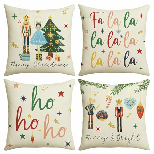 Hopomoon Fundas Cojín Navidad Cascanueces 45x45 cm Juego de 4 Fundas Decorativas Estilo Clásico Rojo y Verde. Funda de Almohada Navideña para Sofá, Salón y Dormitorio
