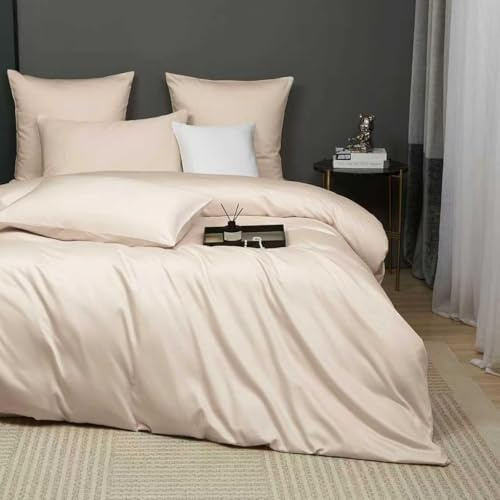 Luofanfei Kühlend Mako Satin Bettwäsche 220x240 Baumwolle Sommer Beige | Glatt Luxus Muster Atmungsaktiv Bettwäscheset Weich und Bügelfrei Uni Bettbezug und 2 Kissenbezüge 80x80cm