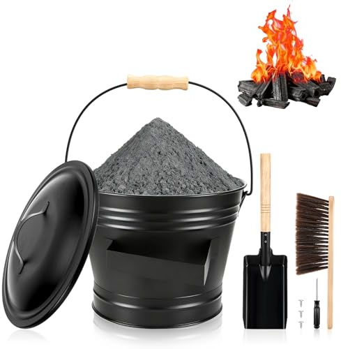 Ascheeimer mit Deckel Feuerfest, 6L Runder Kohleeimer mit Schaufel und Handbesen, Holzkohle Kohleeimer Set für Kamine, Feuerstellen, Holzherde, Werkzeugset Zubehör für Kamin, Schwarz