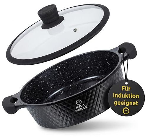 Pela Welle® Bratpfanne 28 cm | beschichtete Pfanne Induktion | Schmorpfanne 28 cm hoher Rand | frying pan induction | Keramikpfanne | Schmorpfanne mit Deckel | Brat- & Universalpfanne | Schwarz