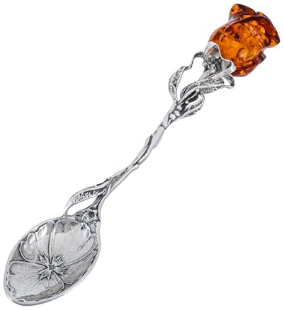 Cuchara de plata con rosa ámbar en color coñac, plata de ley oxidada, 10,5 cm