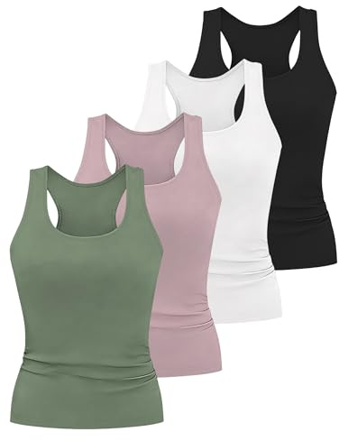 HOPLYNN 4 Pack Women's Racerback Workout Tank Top Crop Athletic Running Gym Yoga Active Sports Tops Shirts for Women 1 Black 1 White 1 Dark Pink 1 Army Green Medium