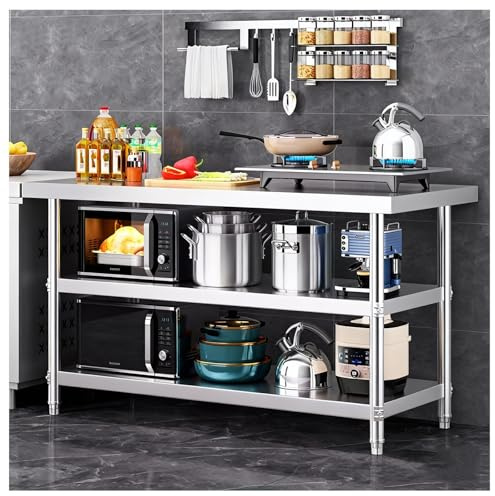 DHNDSDP Küchen-3-stufige Arbeitstisch Robuste Konstruktion H80 cm (31,5) Edelstahltisch in Handelsqualität Verstärkte Querstreben Verstellbare Regalböden Hohe Tragfähigkeit Viel Stauraum