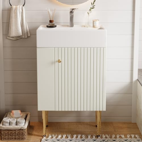Waschtisch mit Unterschrank 55 cm Weiß Badmöbel Set für Gäste WC Stehend Keramik Waschbecken Kleiner Waschplatz mit Seitlichem Regal Modernes 3D Design