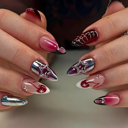 24pcs Medium Almond False Nails French Tip 3D Metallic Star Design Press on Nails Black Red Ombre Stick on Nail Removable Glue-on Fake Nail Art Accessories for Women
