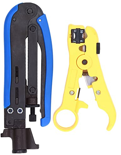 Juego de alicates para pelar y crimpado, alicates de extrusión para cable coaxial con compresión de cabeza F ajustable, para cables de red RG59, RG6, RG11, UTP y STP, así como para