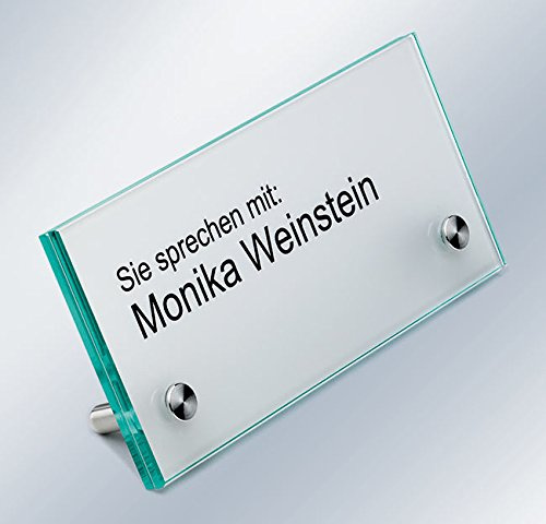 Tischaufsteller, Namensschild, Empfangsschild, Floatglas, 150x70x4 mm, 60° Aufstellwinkel, Schilderhalter Edelstahl mit extra-flachem Kopf