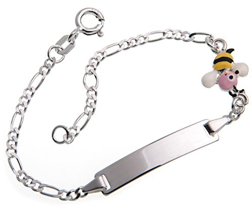 Silberketten Store Baby- & Kinder ID Armband mit Bienen-Anhänger inkl. Gravur & Geschenksäckchen I aus 925 Silber I nickelfrei allergiker-geeignet I 10 verschiedene Schriftarten I 13,5 cm