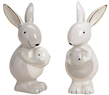 TEMPELWELT® Dekorativ figur, hare påskhare i en uppsättning om 2 stycken vardera, 9 cm, keramik vit, grå lantlig stil, dekorativ figur, påskägg med kaninöron, påskdekoration för våren påsk