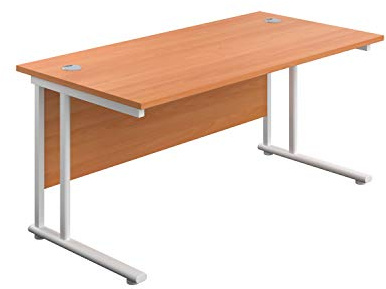 Office Hippo Heavy Duty Rectangular Cantilever Office Desk, Home Office Desk, Office Table, Integrated Cable Ports, PC Desk For Office or Home, 5 Yr Wty - White Frame/Beech Top, 160cm x 80cm