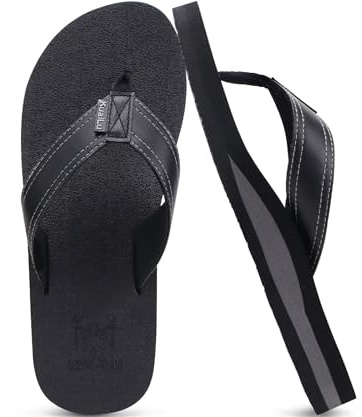 KuaiLu Men's Leather Flip Flops Arch Support Summer Beach Pool Water Thong Sandals Waterproof Rubber Walking Shoes Slip on Orthotic Casual Sport Cushioned Wide Slides Shower Slippers Black 12