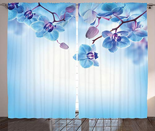 ABAKUHAUS Blume Rustikaler Gardine, Orchideen Natur, Schlafzimmer Kräuselband Vorhang mit Schlaufen und Haken, 280 x 245 cm, Blau Lila